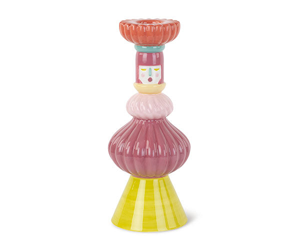 CANDELABRO PLISSE' IN CERAMICA CON VOLTO COLORATO VERDE/ROSA (h.34cm)