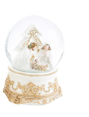 AMPOLLA CARILLON SACRA FAMIGLIA CON ALBERO IN RESINA BIANCA E ORO (11X11XH.14CM)