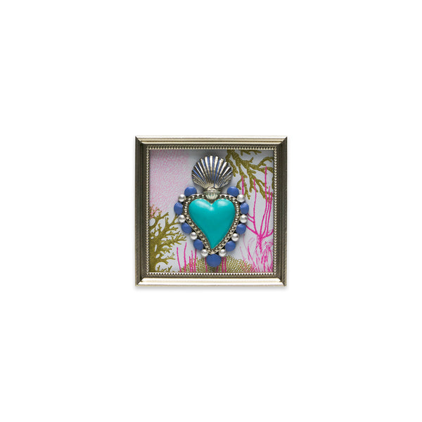 CORNICE QUADRATA IN LEGNO ARGENTO CON SFONDO MARINO E CUORE SACRO (13x13cm)