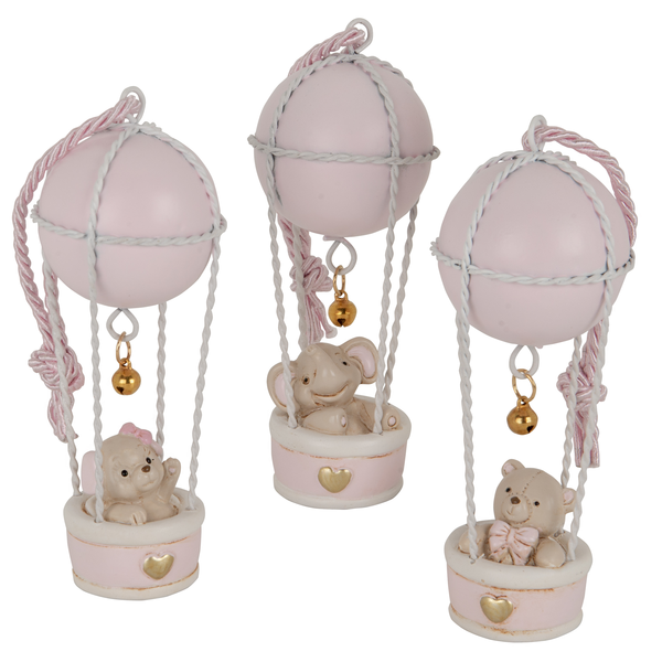 MONGOLFIERA CON ANIMALETTO IN PASTA DI CERAMICA ROSA (h.12cm)-3 SOGG. ASSORTITI
