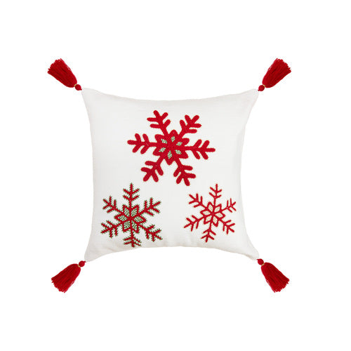 CUSCINO QUADRATO IN TESSUTO BIANCO CON RICAMO FIOCCHI DI NEVE IN ROSSO (45x45cm)