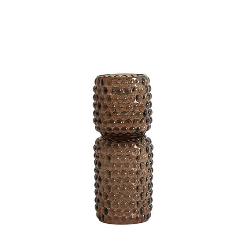 PORTA T-LIGHT IN VETRO BOLLATO CON BASE MARRONE SCURO (Ø9x20,5 cm)