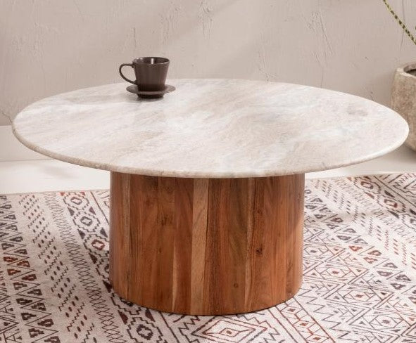 TAVOLO DA SALOTTO CON BASE IN LEGNO E PIANO IN MARMO BIANCO (80x80x35cm)