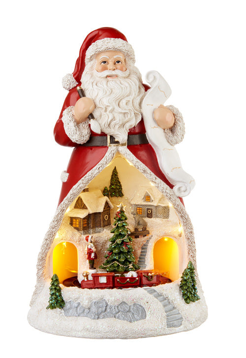DECORAZIONE DA APPOGGIO CON CARILLON IN MOVIMENTO-BABBO NATALE CON TRENINO E VILLAGGIO INNEVATO LED IN RESINA (19xh.30cm)