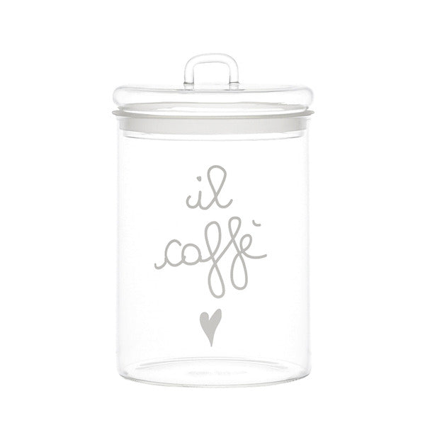 BARATTOLO IN VETRO BOROSILICATO CON SCRITTA ' IL CAFFE ' IN BIANCO SERIGRAFATA (d.12cm)