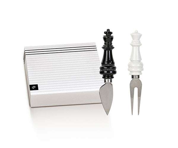 SET FORCHETTINA+COLTELLINO FORMAGGIO DECORO SCACCO CON SCATOLA (h.16cm)