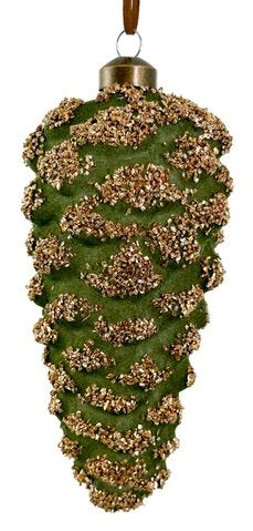 DECORAZIONE PIGNA IN VELLUTO VERDE CON GLITTER ORO (l.17cm)