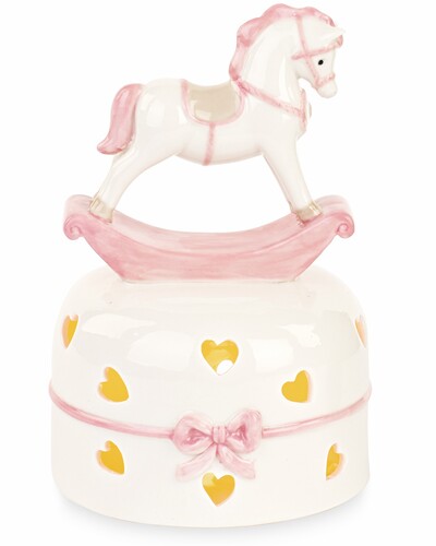 CAVALLUCCIO A DONDOLO IN CERAMICA ROSA CON LED+SCATOLA (h.15cm)