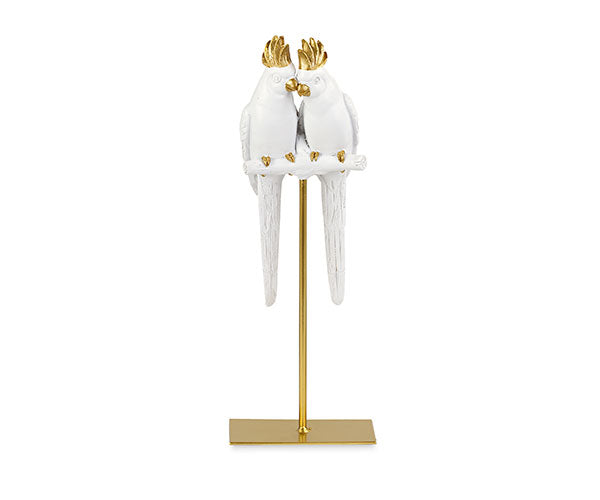 COPPIA PAPPAGALLI IN CERAMICA BIANCA SU TRESPOLO H31M