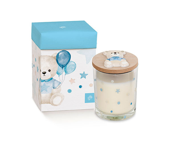 CANDELA BARATTOLO IN VETRO CON DECORO ORSETTO AZZURRO CON SCATOLA (7x9cm)