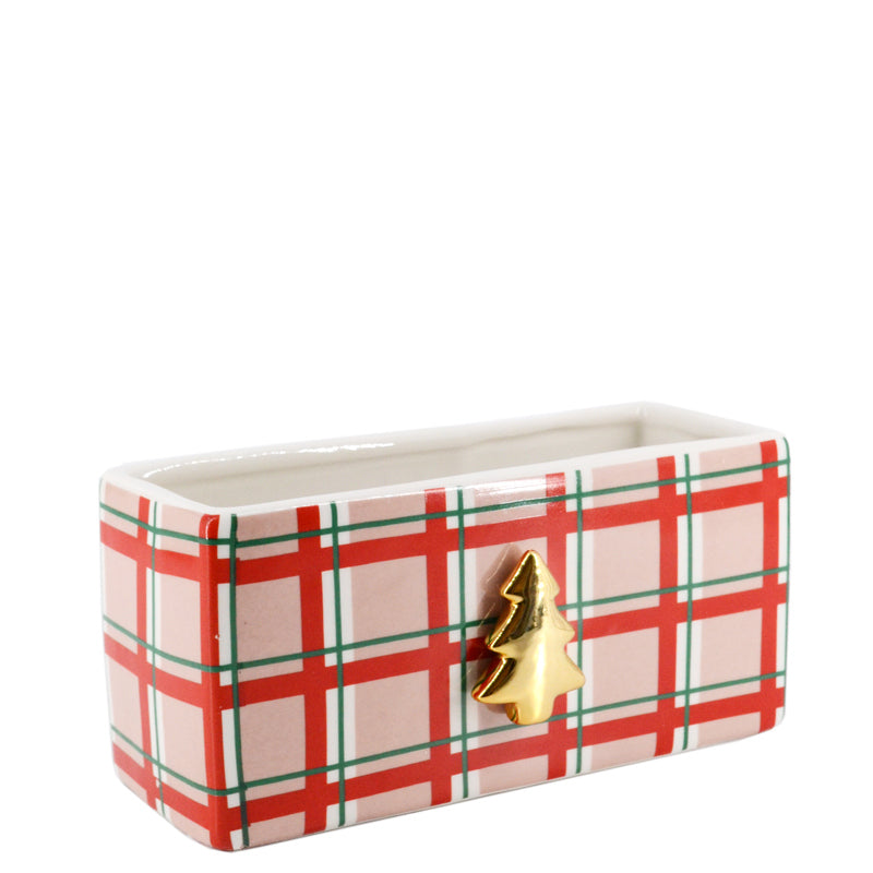 VASCHETTA RETTANGOLARE GRANDE SCOTTISH CHECK IN CERAMICA CREMA (21.3x9.2x10.2cm)