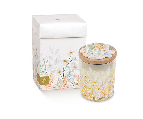 CANDELA IN VETRO CAMOMILLA CON SCATOLA (7xh.9cm)