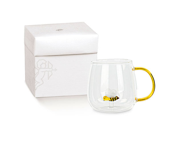 MUG IN VETRO TRASPARENTE CON APE ALL',INTERNO E MANICO AMBRA (500ml-9x9cm) CON SCATOLA