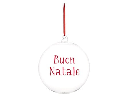 PALLINA IN VETRO TRASPARENTE CON GRAFICA IN ROSSO &,#039,BUON NATALE&,#039, (diam.20cm)