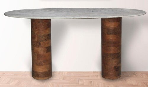 CONSOLLE CON PIEDI IN LEGNO DI MANGO E PIANO IN MARMO BIANCO (100x75x40cm)