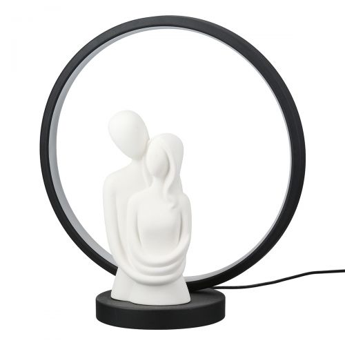 SCULTURA DECORATIVA COPPIA IN CERAMICA CON LED IN CERCHIO IN METALLO NERO (diam.30xh.32cm)