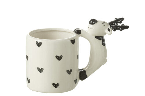 MUG IN PORCELLANA CON ALCE DECORO BIANCO/NERO CON CUORI (14x9x14cm)