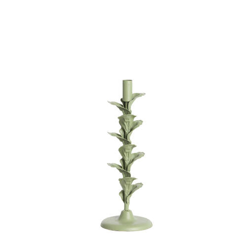 PORTACANDELE DECORATIVO CON FOGLIE IN METALLO OPACO VERDE MENTA ( Ø12x33 cm)