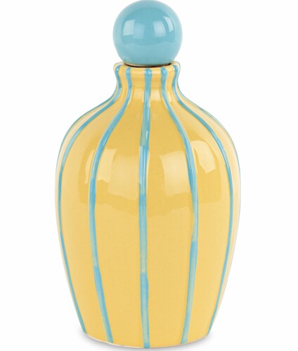 OLIERA IN CERAMICA GIALLA CON RIGHE E TAPPO IN AZZURRO CON SCATOLA (9.5xh.16.5cm)