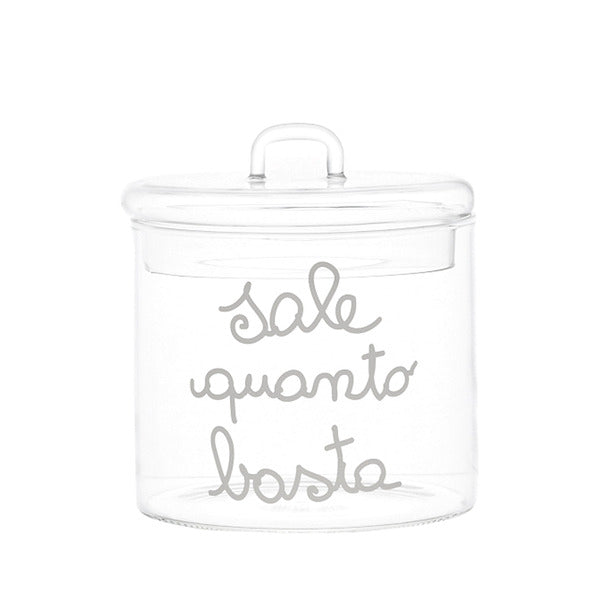 BARATTOLO IN VETRO BOROSILICATO CON SCRITTA 'SALE QUANTO BASTA ' IN BIANCO SERIGRAFATA (d.12cm)
