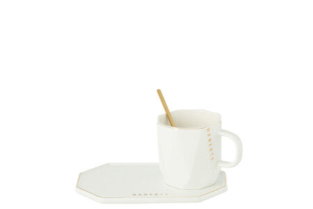 Tazza + Piattino + Cucchiaio Moments In Ceramica Bianco (18x12x8cm)