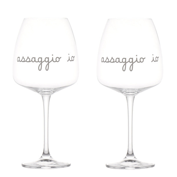 SET 2 CALICI VINO IN VETRO SOFFIATO ',ASSAGGIO IO', SERIGRAFATO IN BIANCO 77cl (h.24,6 x 11 cm)