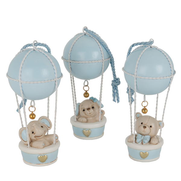 MONGOLFIERA CON ANIMALETTO IN PASTA DI CERAMICA CIELO (h.14cm)-3 SOGG. ASSORTITI