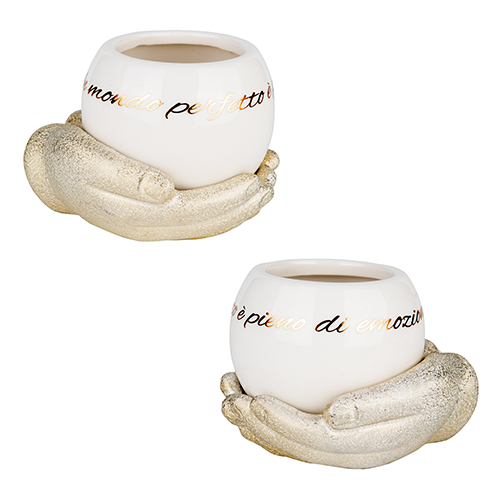 PORTAPIANTE MANO CON VASETTO IN CERAMICA GOLD