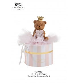 SCATOLA TONDA PORTACONFETTI ROSA CON TEDDY