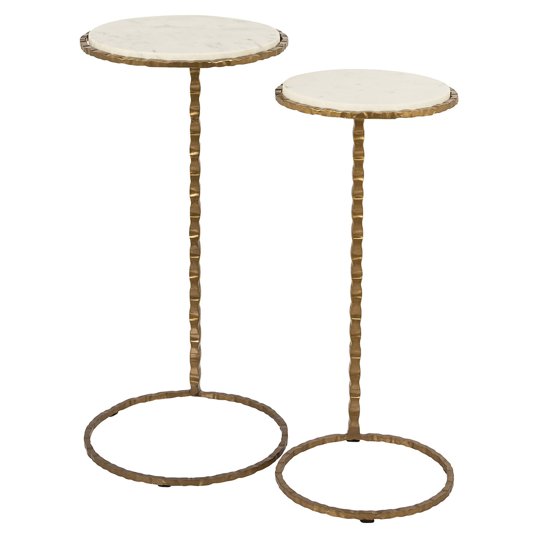 TAVOLINETTO ROTONDO CON BASE IN FERRO ORO ANTICO E PIANO IN MARMO BIANCO (25x25x56cm)