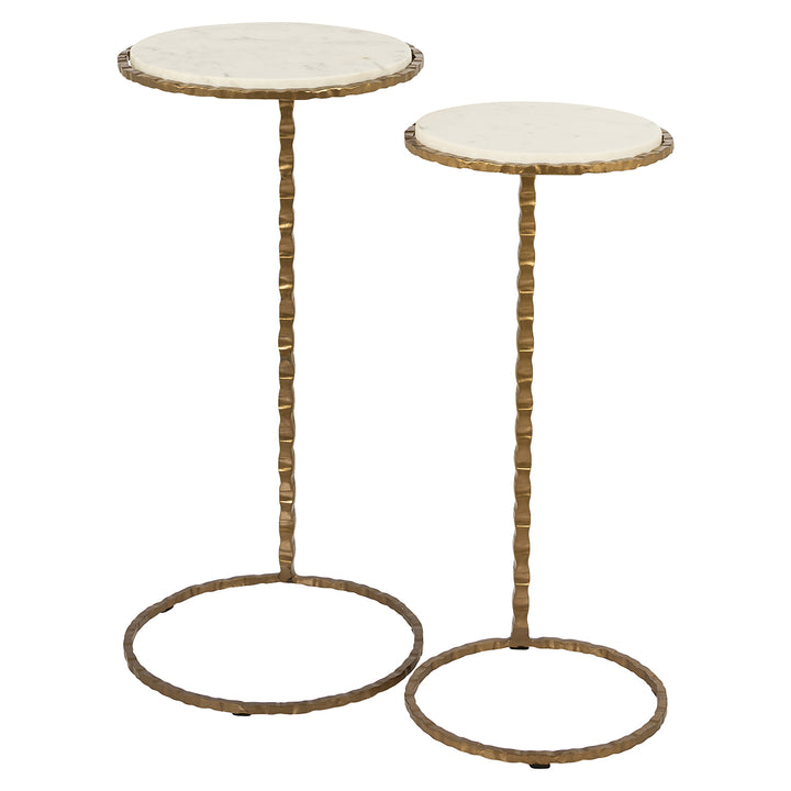 TAVOLINETTO ROTONDO CON BASE IN FERRO ORO ANTICO E PIANO IN MARMO BIANCO (25x25x56cm)