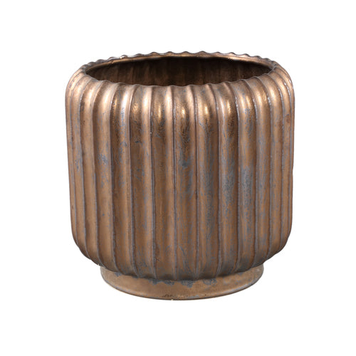 VASO ROTONDO IN CERAMICA CON LINEE VERTICALI BRONZO (26x26x26cm)