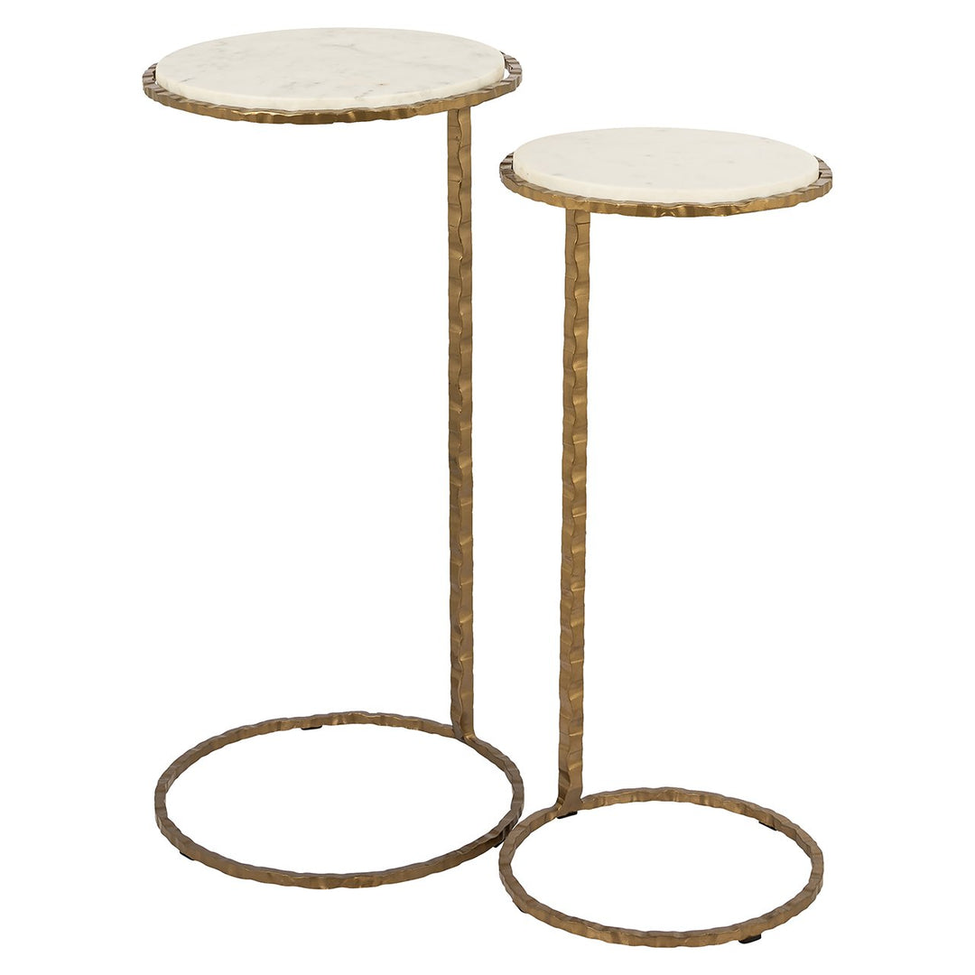 TAVOLINETTO ROTONDO CON BASE IN FERRO ORO ANTICO E PIANO IN MARMO BIANCO (25x25x56cm)