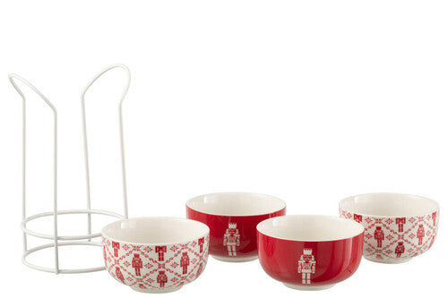 SET 4 CIOTOLE IN PORCELLANA DECORO NATALIZIO BIANCO/ROSSO+ SUPPORTO UN METALLO (11x11x6cm)