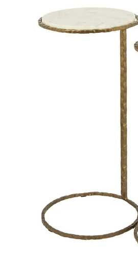 TAVOLINETTO ROTONDO CON BASE IN FERRO ORO ANTICO E PIANO IN MARMO BIANCO (25x25x56cm)