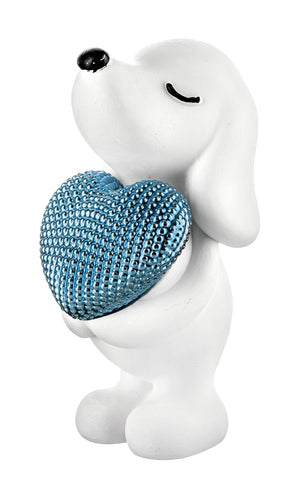 SCULTURA CAGNOLINO BIANCO  CON CUORE CELESTE STRASS