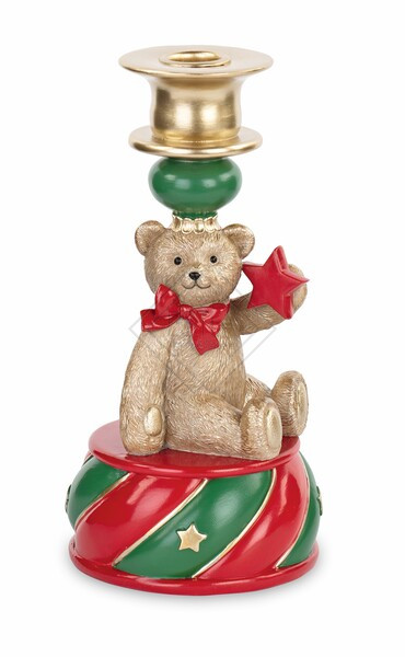 PORTACANDELA ORSETTO CON DETTAGLI IN ORO, VERDE E ROSSO (h.22cm)