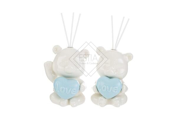 PROFUMATORE ORSETTO IN PORCELLANA BIANCA CON CUORE CELESTE (9,5x9xh.13cm) 2 MOD. ASSORTITI CON ASTUCCIO