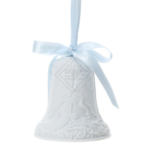 CAMPANA PORCELLANA BIANCA BISCUIT BABY 10CM CAROSELLO C/LUCE LED,NASTRO BLU/ROS C/SCATOLA REGALO