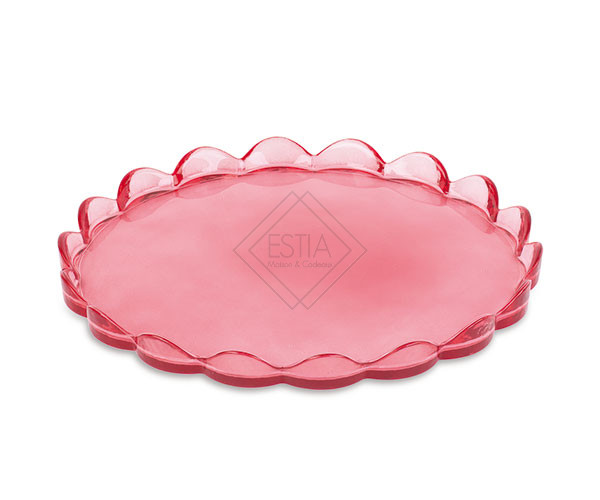 VASSOIO ROTONDO CON BORDO IN VETRO ROSA (d.25cm)