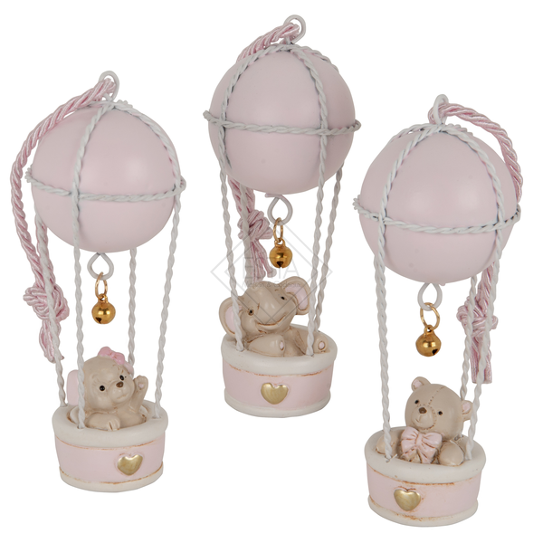 MONGOLFIERA CON ANIMALETTO IN PASTA DI CERAMICA ROSA (h.12cm)-3 SOGG. ASSORTITI