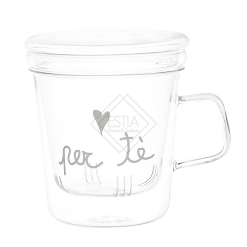 TISANIERA IN VETRO BOROSILICATO CON SCRITTA &#039, PER TE &#039, SERIGRAFATO IN BIANCO (10cmx h11,5cm - capienza 400ml)