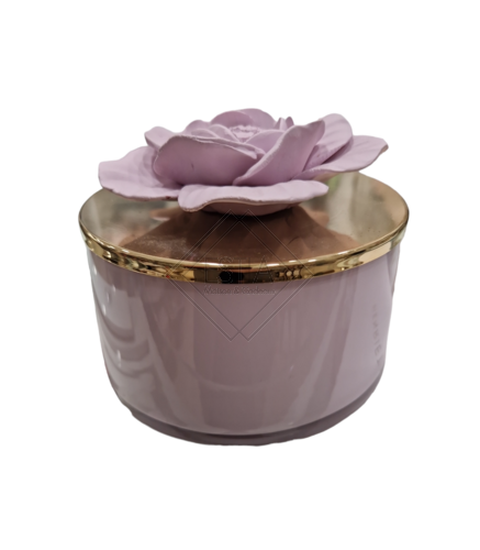 SCATOLA ELI GIGANTE MALVA CON TAPPO ORO E FIORE MALVA IN CERAMICA (12,5xh.10cm)