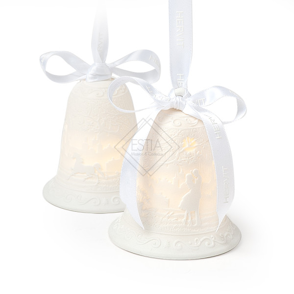 CAMPANA PORCELLANA BIANCA BISQUIT LOVE 9CM CON LUCE LED, NASTRO RASO BIANCO CON SCATOLA REGALO