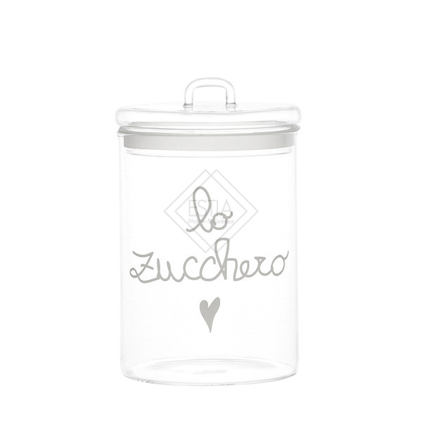 BARATTOLO IN VETRO BOROSILICATO CON SCRITTA ' LO ZUCCHERO ' IN BIANCO SERIGRAFATA (d.12cm)