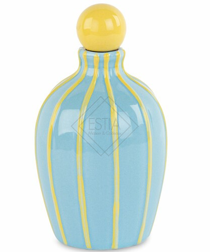 OLIERA IN CERAMICA AZZURRA CON RIGHE E TAPPO IN GIALLO CON SCATOLA (9.5xh.16.5cm)