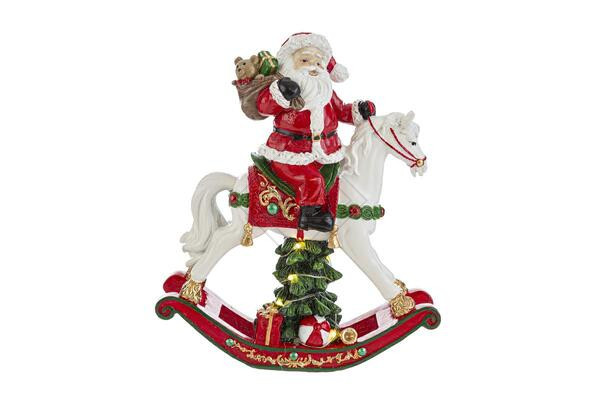 BABBO NATALE SU CAVALLUCCIO A DONDOLO IN RESINA CON LED (15Ã—4,5xh.18cm)