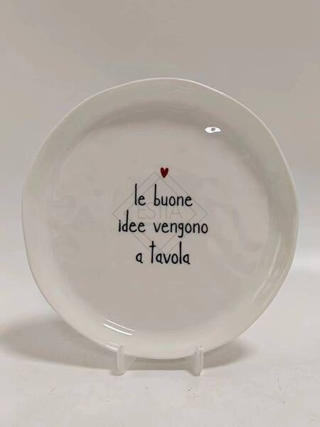 SET 2 PIATTI DESSERT IN GRES PORCELLANATO BIANCO "LE BUONE IDEE VENGONO A TAVOLA" IN NERO EFFETTO ORGANICO (diam.21cm)