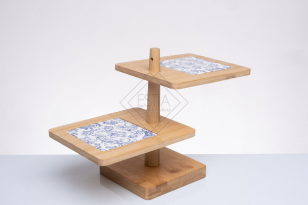 ALZATA/ANTIPASTIERA 2 PIANI IN LEGNO CON CERAMICA FREGIO BLU (cm 18X15x19.5H)