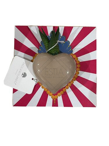 QUADRETTO DECORATO RADIALE MAGENTA CON CUORICINO IN CERAMICA CON PIANTA GRASSA+SCATOLA (13,5x14cm